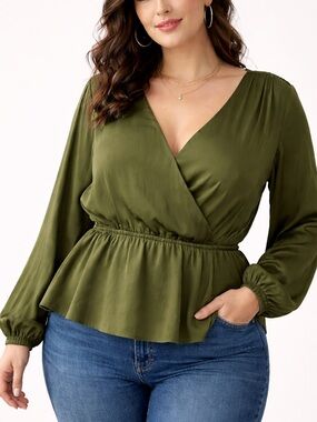 Banana Republic Olive Green Faux Wrap Peplum Blouse XL